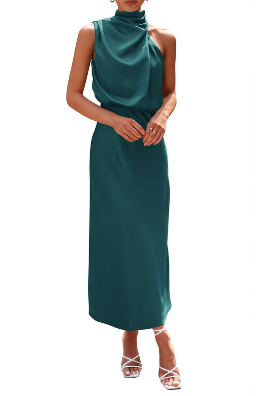 PRETTYGARDEN Women's 2025 Summer Satin Dress Elegant Sleeveless Mock Neck Cocktail Party Maxi Dresses
