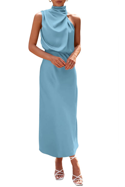 PRETTYGARDEN Women's 2025 Summer Satin Dress Elegant Sleeveless Mock Neck Cocktail Party Maxi Dresses
