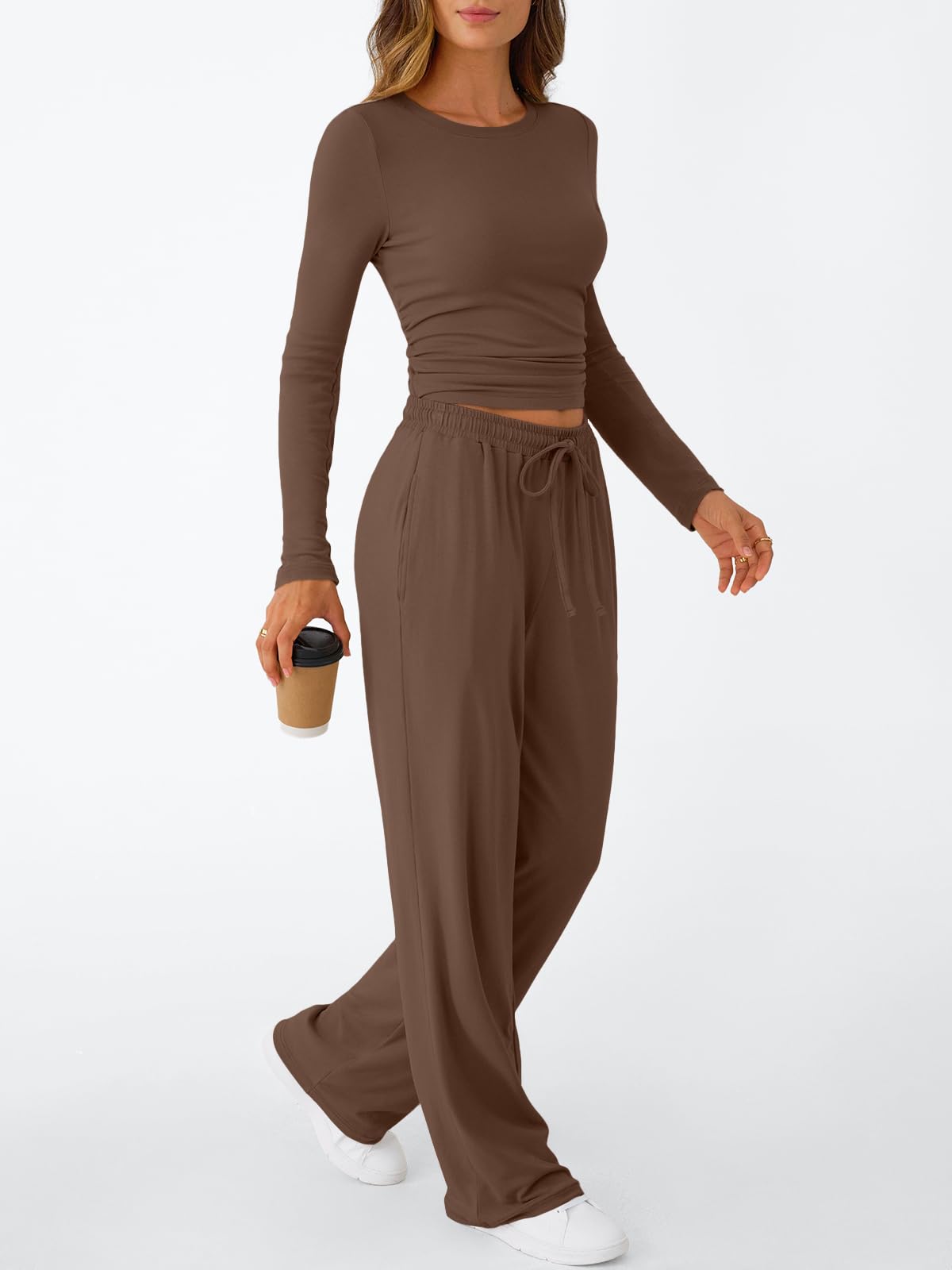 Trendy Queen Women's 2 Piece Matching Lounge Set Long Sleeve Slightly Crop Top Wide Leg Pants Casual Sweatsuit