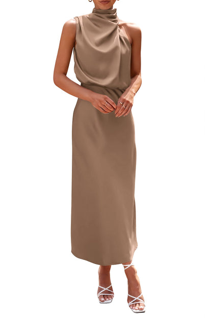 PRETTYGARDEN Women's 2025 Summer Satin Dress Elegant Sleeveless Mock Neck Cocktail Party Maxi Dresses
