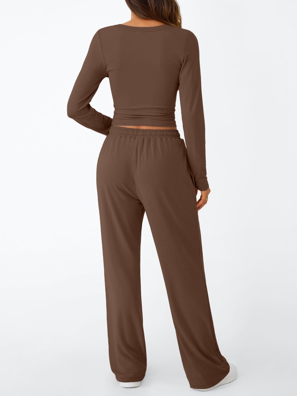 Trendy Queen Women's 2 Piece Matching Lounge Set Long Sleeve Slightly Crop Top Wide Leg Pants Casual Sweatsuit