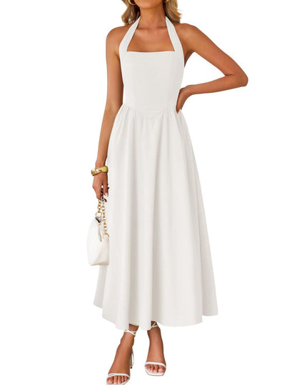 ZESICA Women's Summer Sleeveless Halter Midi Dress 2025 Off Shoulder High Waist Swing Flowy Beach Long Dresses
