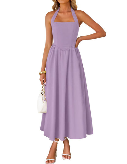 ZESICA Women's Summer Sleeveless Halter Midi Dress 2025 Off Shoulder High Waist Swing Flowy Beach Long Dresses