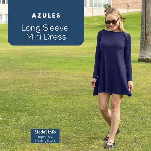 Azules Women's Long Sleeve Tunic Dress Casual Boat Neck Swing Dress with Scoop Back
