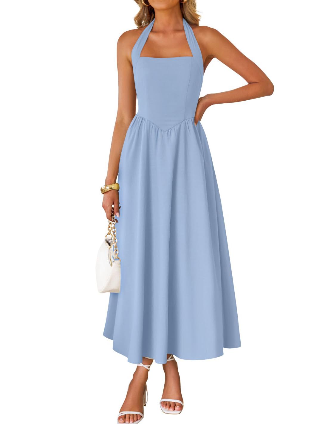 ZESICA Women's Summer Sleeveless Halter Midi Dress 2025 Off Shoulder High Waist Swing Flowy Beach Long Dresses