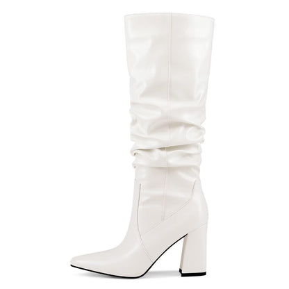 Women's Knee High Boots Slouch Pointed Toe Tall Block Heel Boots Pull On Fall Boots for Women
