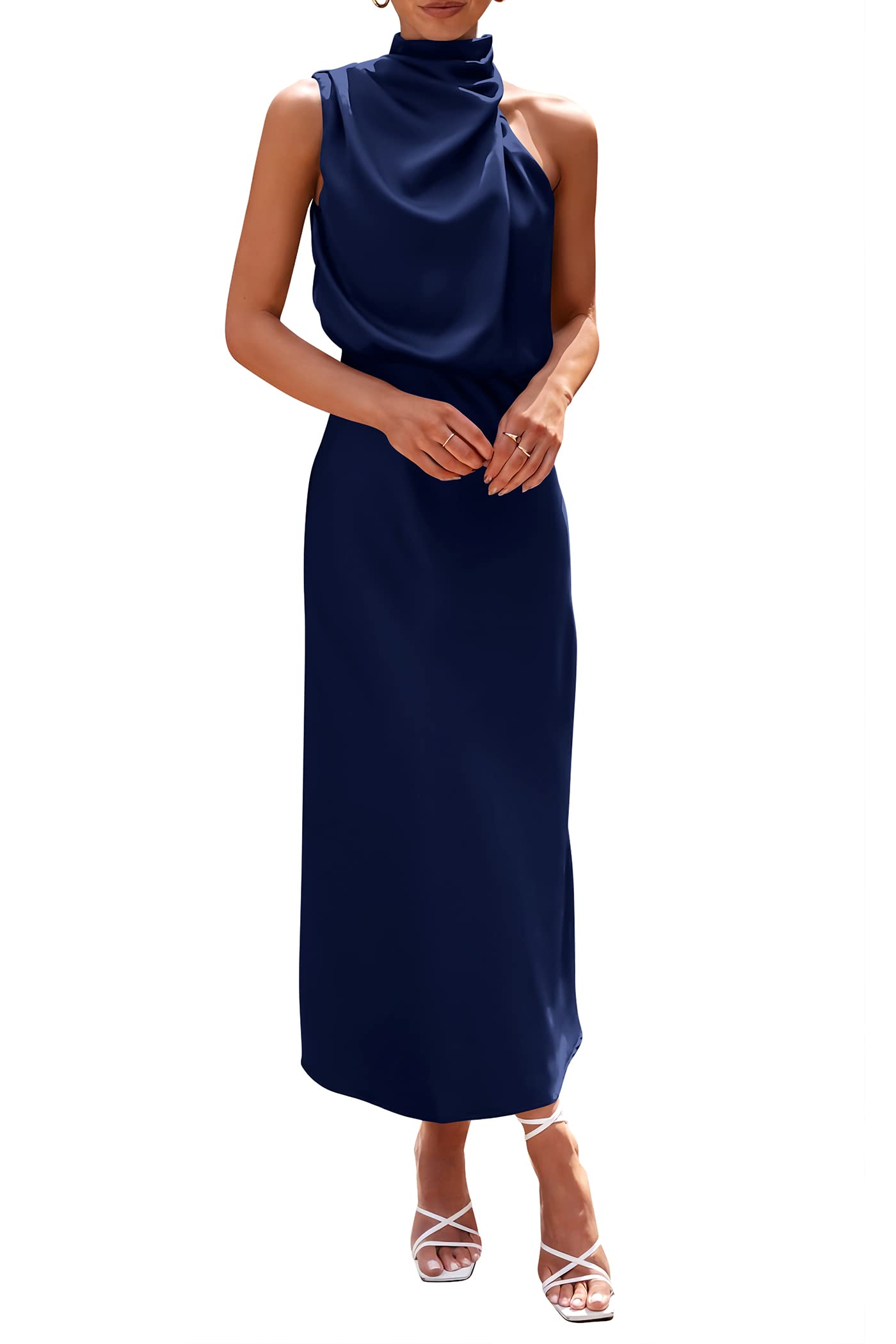 PRETTYGARDEN Women's 2025 Summer Satin Dress Elegant Sleeveless Mock Neck Cocktail Party Maxi Dresses