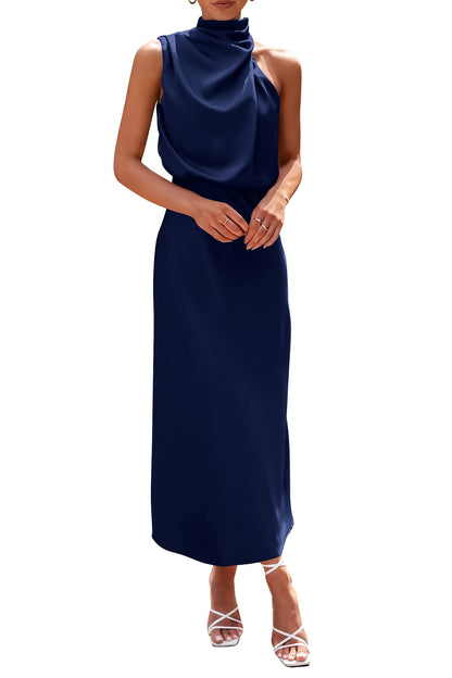 PRETTYGARDEN Women's 2025 Summer Satin Dress Elegant Sleeveless Mock Neck Cocktail Party Maxi Dresses