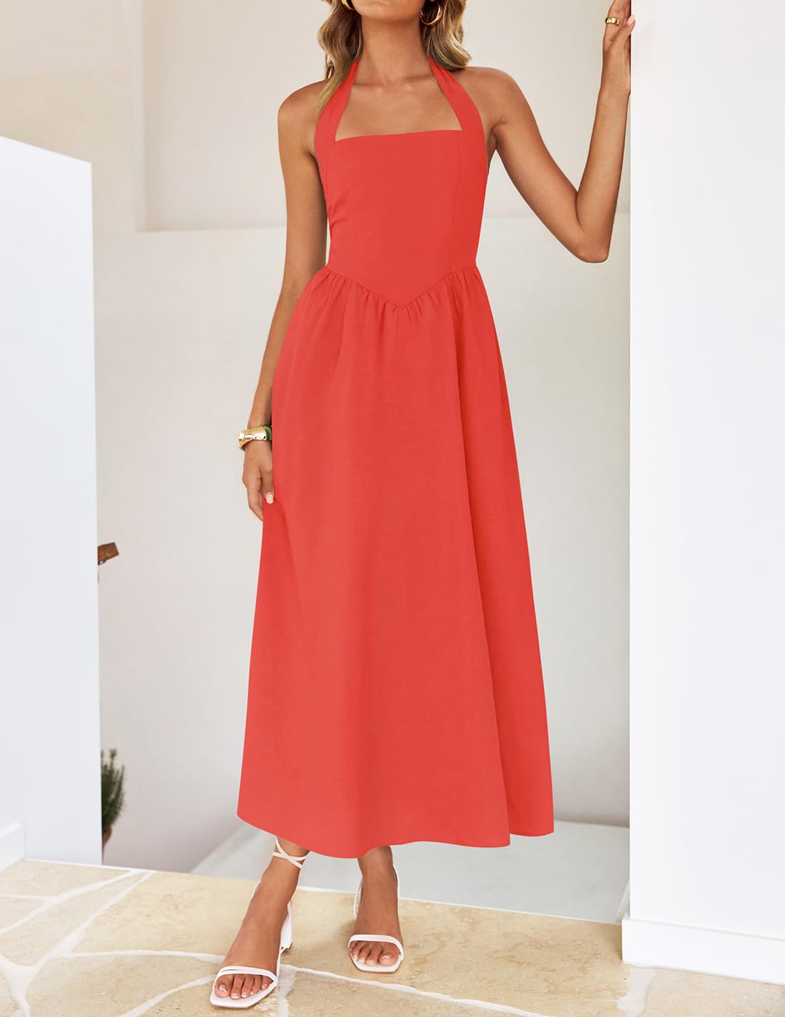 ZESICA Women's Summer Sleeveless Halter Midi Dress 2025 Off Shoulder High Waist Swing Flowy Beach Long Dresses