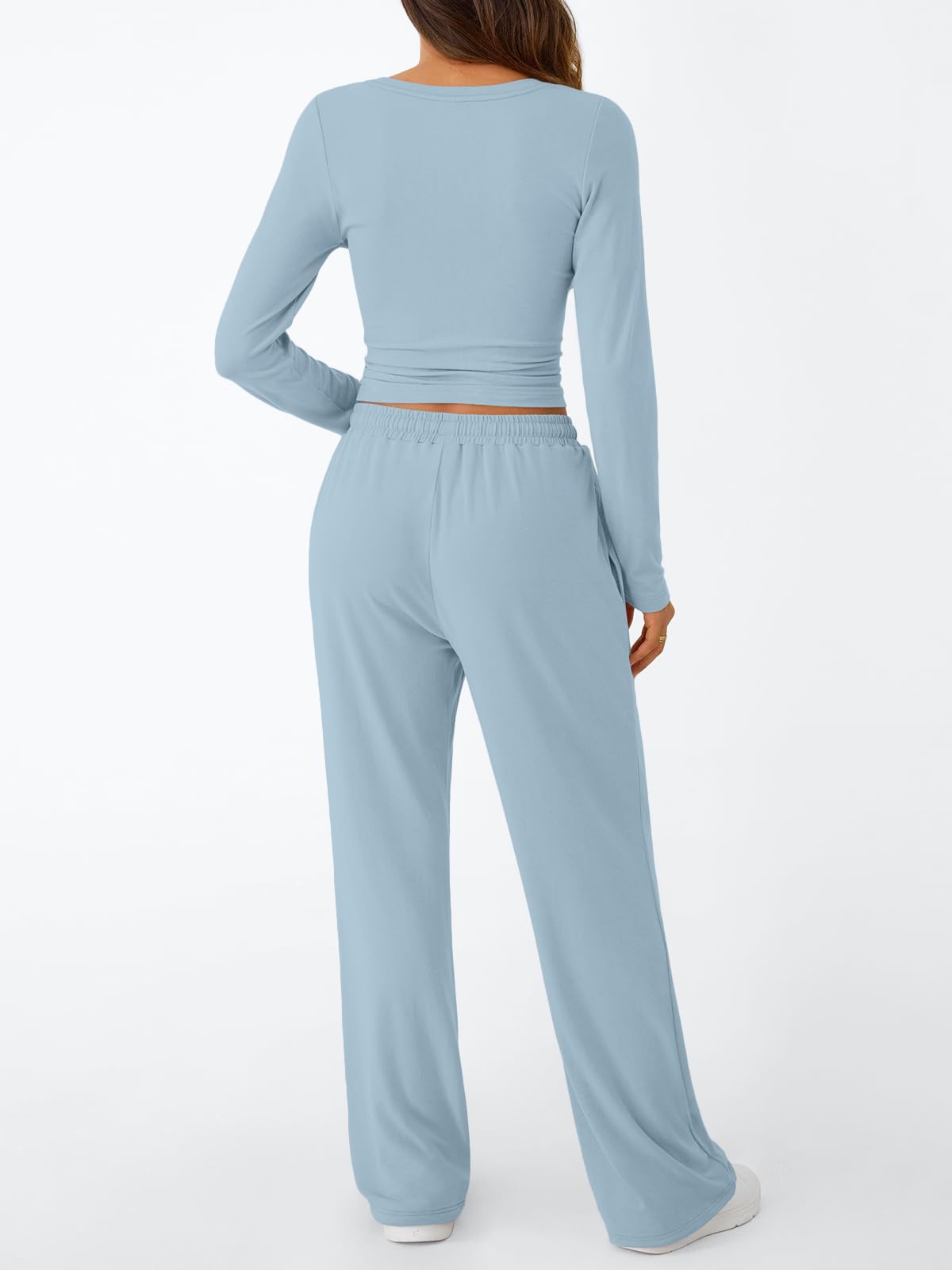 Trendy Queen Women's 2 Piece Matching Lounge Set Long Sleeve Slightly Crop Top Wide Leg Pants Casual Sweatsuit