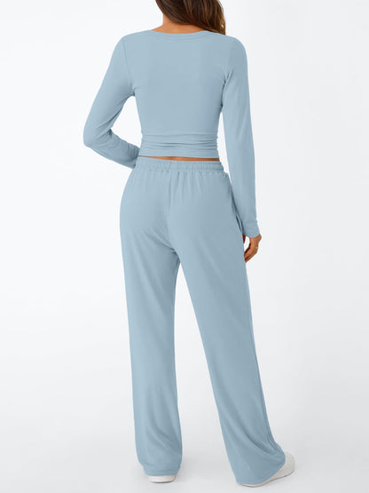 Trendy Queen Women's 2 Piece Matching Lounge Set Long Sleeve Slightly Crop Top Wide Leg Pants Casual Sweatsuit