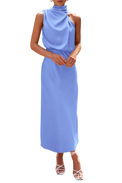 PRETTYGARDEN Women's 2025 Summer Satin Dress Elegant Sleeveless Mock Neck Cocktail Party Maxi Dresses