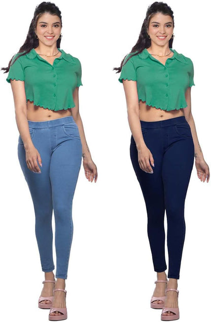 Lyra Cotton Knitted Women's Jeggings with Pockets | Comfortable Stylish Casual Pant | Trendy Slim-Fit Trousers - Pack of 2
