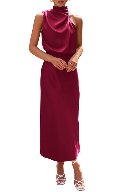 PRETTYGARDEN Women's 2025 Summer Satin Dress Elegant Sleeveless Mock Neck Cocktail Party Maxi Dresses