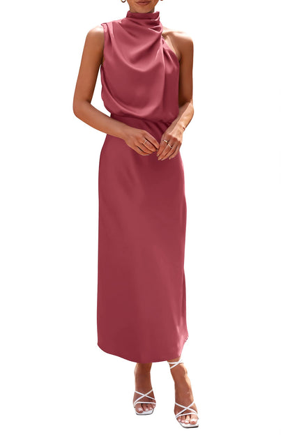 PRETTYGARDEN Women's 2025 Summer Satin Dress Elegant Sleeveless Mock Neck Cocktail Party Maxi Dresses