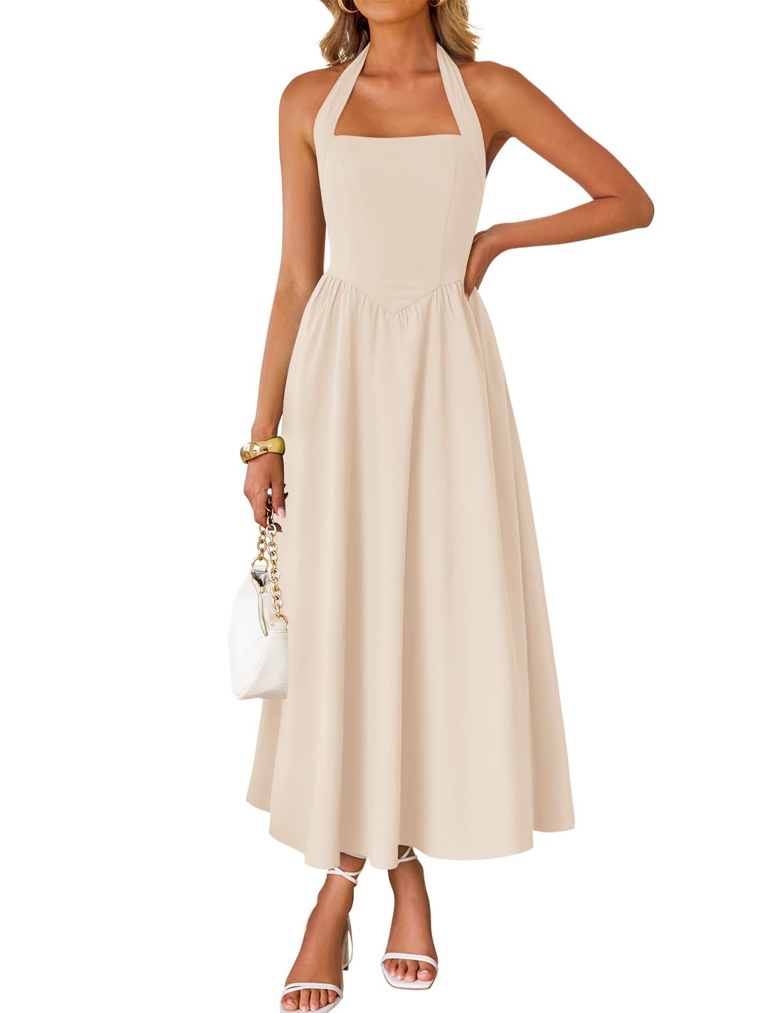 ZESICA Women's Summer Sleeveless Halter Midi Dress 2025 Off Shoulder High Waist Swing Flowy Beach Long Dresses