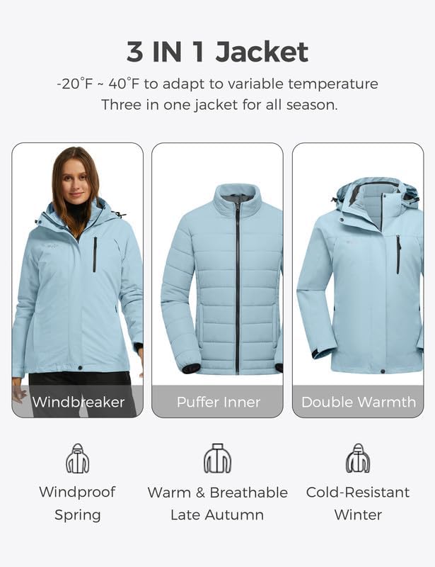 wantdo Women's 3 in 1 Waterproof Ski Jacket Windproof Winter Snow Coat Snowboarding Jackets Warm Raincoat