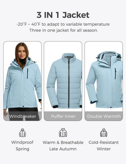 wantdo Women's 3 in 1 Waterproof Ski Jacket Windproof Winter Snow Coat Snowboarding Jackets Warm Raincoat