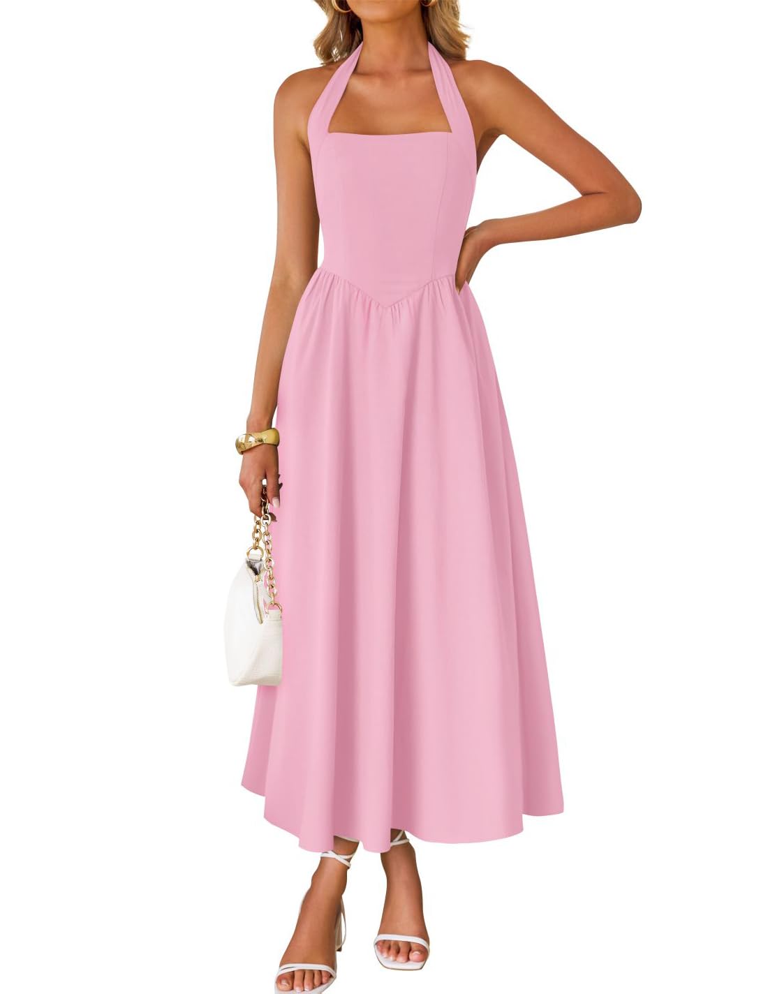 ZESICA Women's Summer Sleeveless Halter Midi Dress 2025 Off Shoulder High Waist Swing Flowy Beach Long Dresses