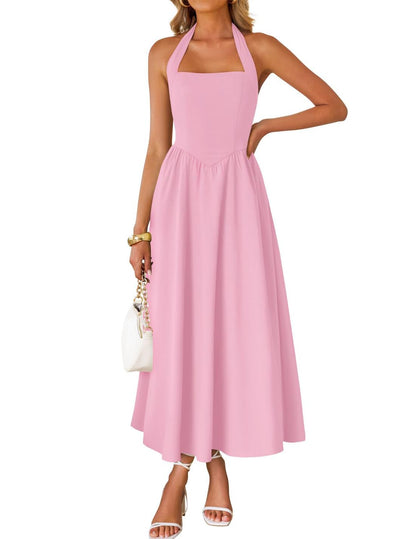 ZESICA Women's Summer Sleeveless Halter Midi Dress 2025 Off Shoulder High Waist Swing Flowy Beach Long Dresses