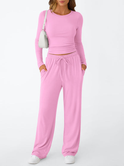 Trendy Queen Women's 2 Piece Matching Lounge Set Long Sleeve Slightly Crop Top Wide Leg Pants Casual Sweatsuit