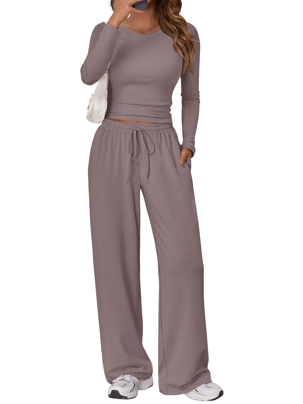Trendy Queen Women's 2 Piece Matching Lounge Set Long Sleeve Slightly Crop Top Wide Leg Pants Casual Sweatsuit