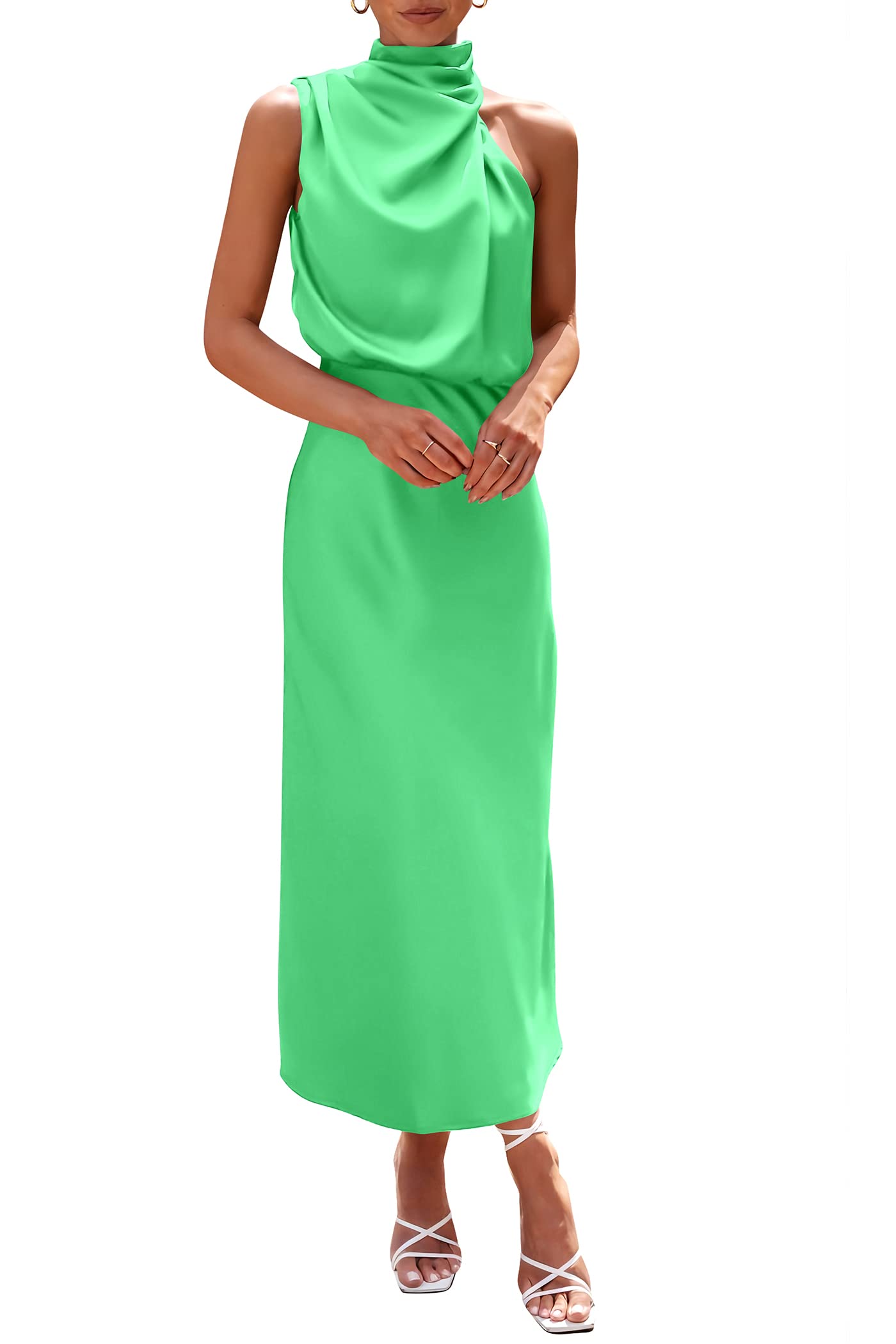 PRETTYGARDEN Women's 2025 Summer Satin Dress Elegant Sleeveless Mock Neck Cocktail Party Maxi Dresses