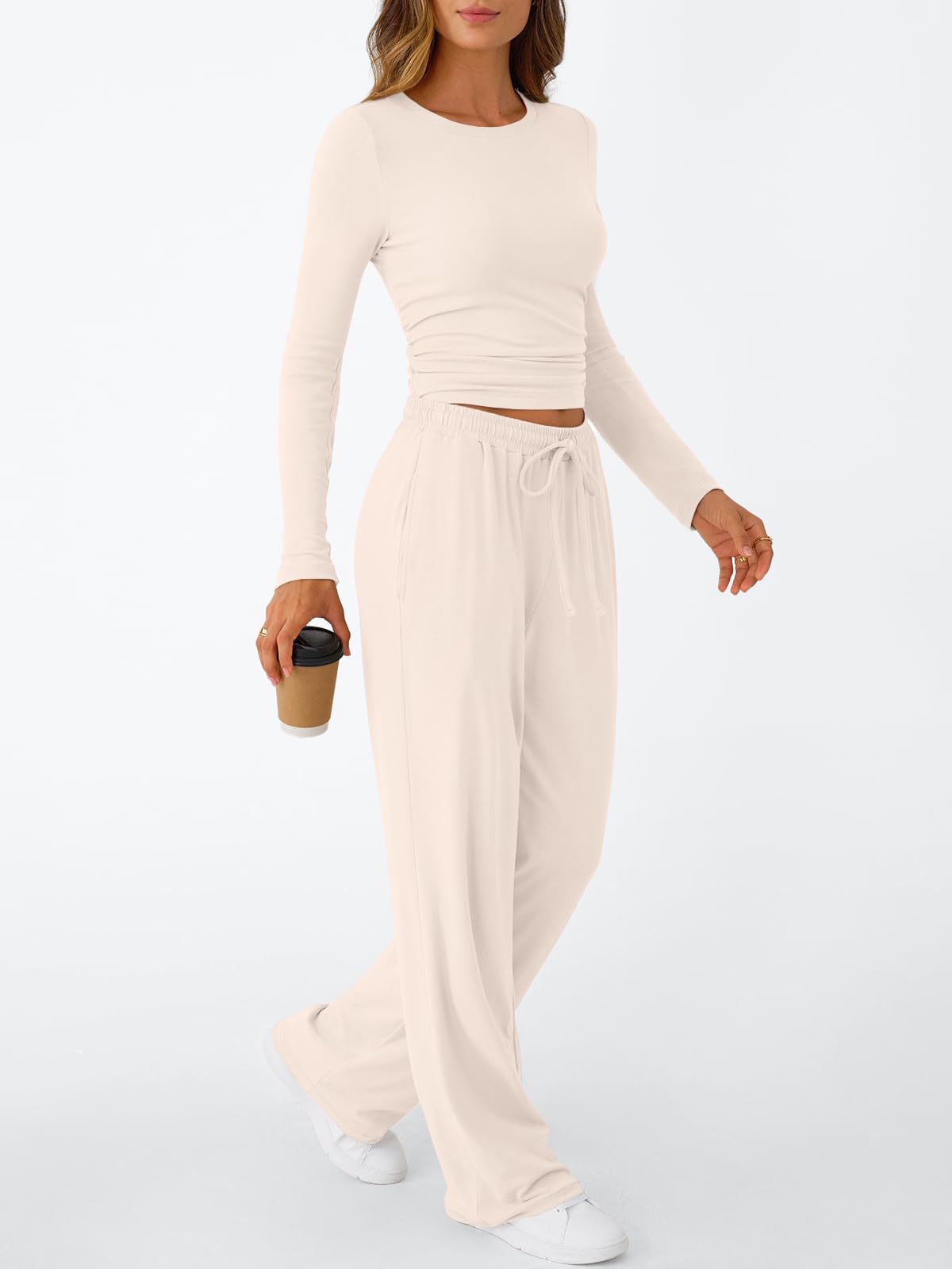 Trendy Queen Women's 2 Piece Matching Lounge Set Long Sleeve Slightly Crop Top Wide Leg Pants Casual Sweatsuit