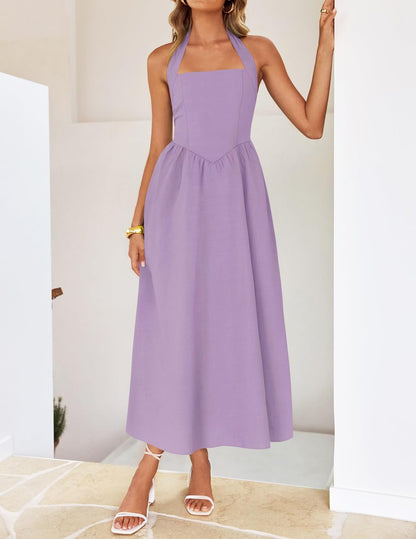 ZESICA Women's Summer Sleeveless Halter Midi Dress 2025 Off Shoulder High Waist Swing Flowy Beach Long Dresses