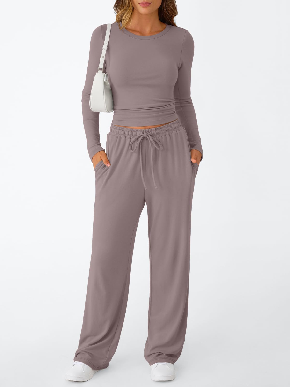 Trendy Queen Women's 2 Piece Matching Lounge Set Long Sleeve Slightly Crop Top Wide Leg Pants Casual Sweatsuit