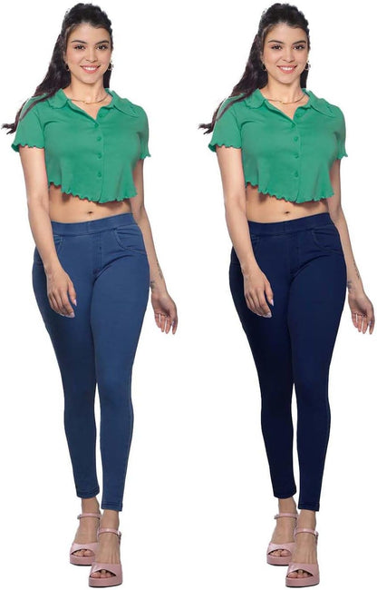 Lyra Cotton Knitted Women's Jeggings with Pockets | Comfortable Stylish Casual Pant | Trendy Slim-Fit Trousers - Pack of 2