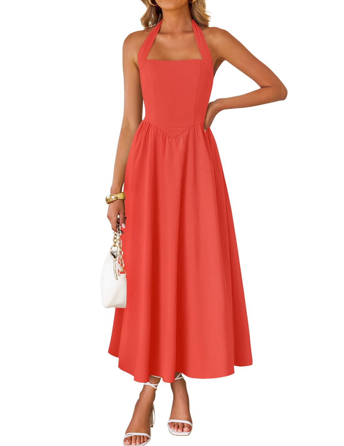 ZESICA Women's Summer Sleeveless Halter Midi Dress 2025 Off Shoulder High Waist Swing Flowy Beach Long Dresses