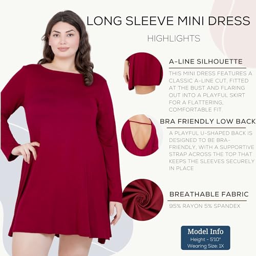 Azules Women's Long Sleeve Tunic Dress Casual Boat Neck Swing Dress with Scoop Back