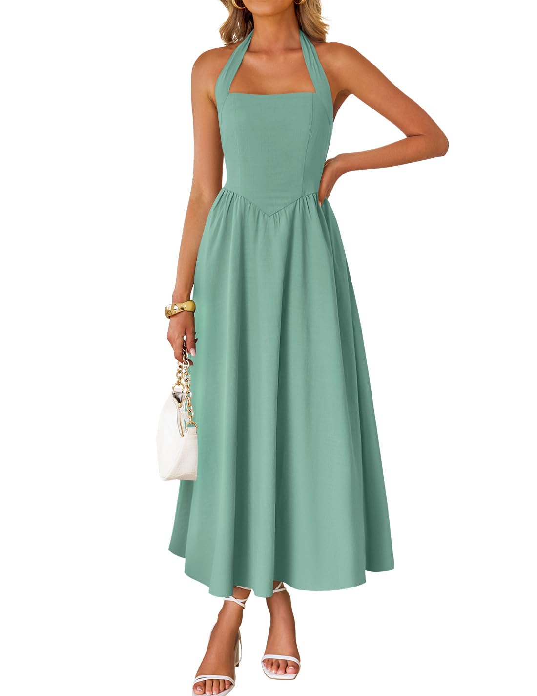 ZESICA Women's Summer Sleeveless Halter Midi Dress 2025 Off Shoulder High Waist Swing Flowy Beach Long Dresses
