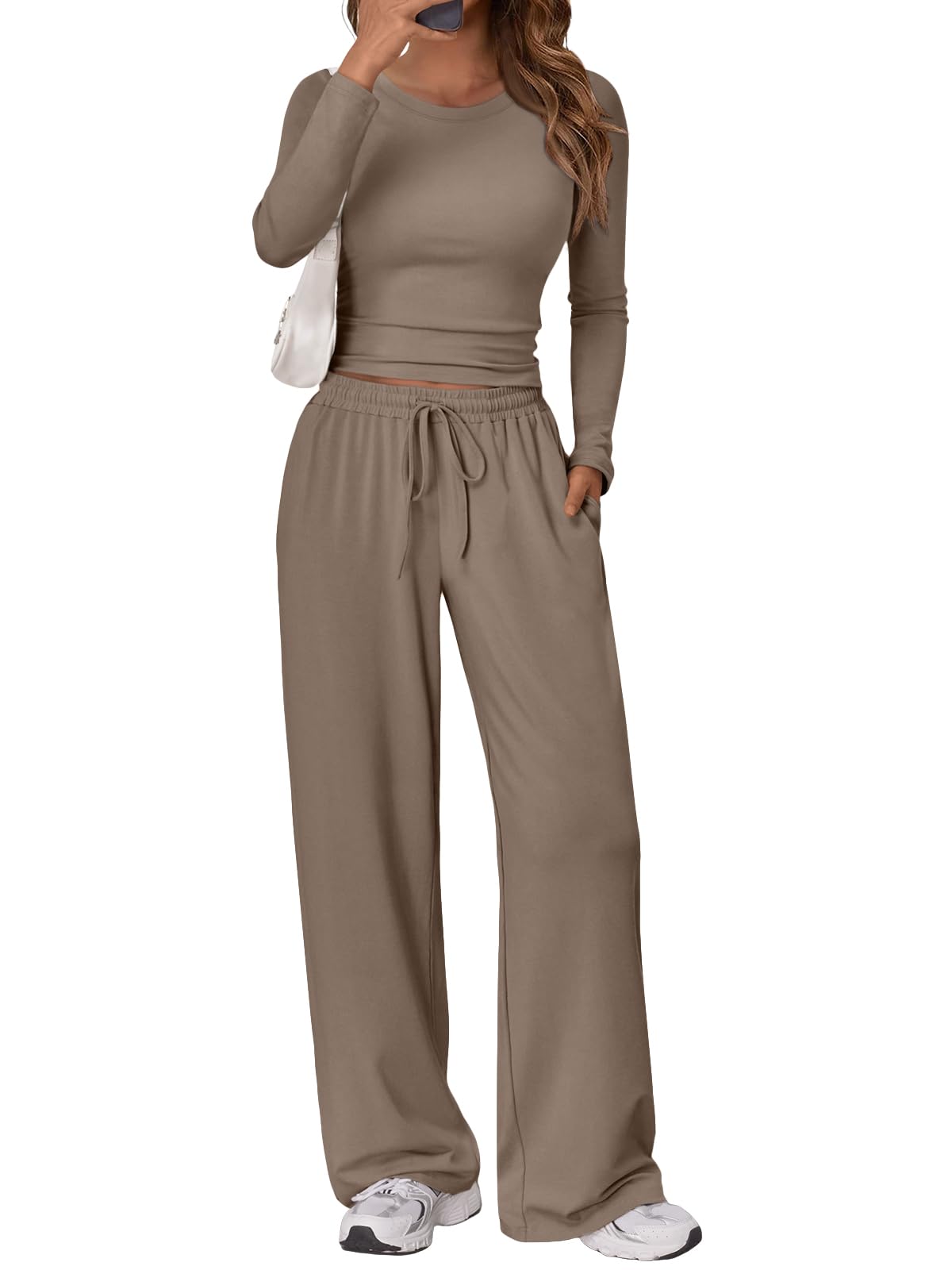 Trendy Queen Women's 2 Piece Matching Lounge Set Long Sleeve Slightly Crop Top Wide Leg Pants Casual Sweatsuit