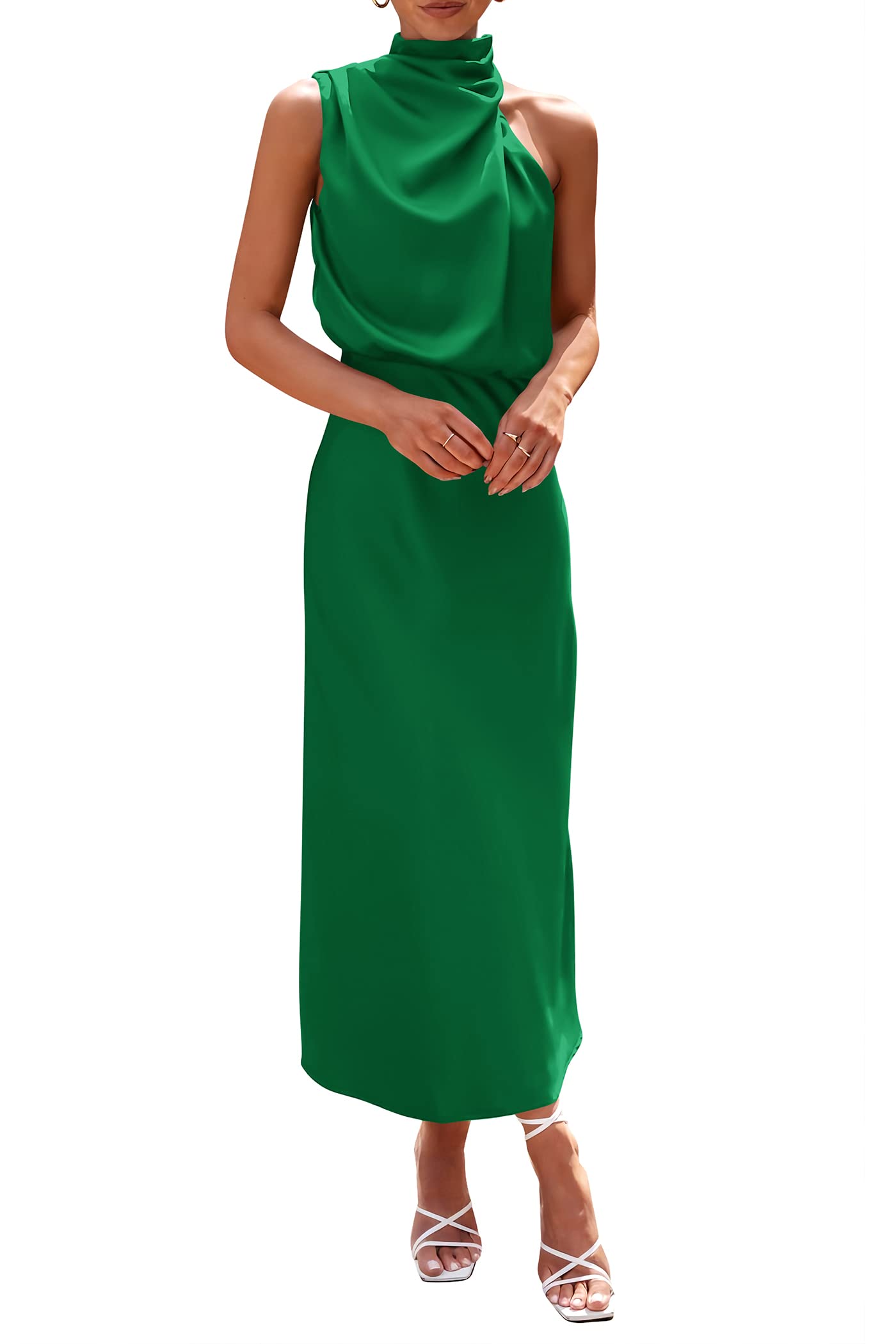 PRETTYGARDEN Women's 2025 Summer Satin Dress Elegant Sleeveless Mock Neck Cocktail Party Maxi Dresses