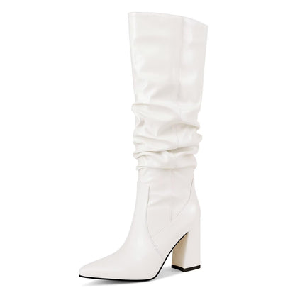 Women's Knee High Boots Slouch Pointed Toe Tall Block Heel Boots Pull On Fall Boots for Women