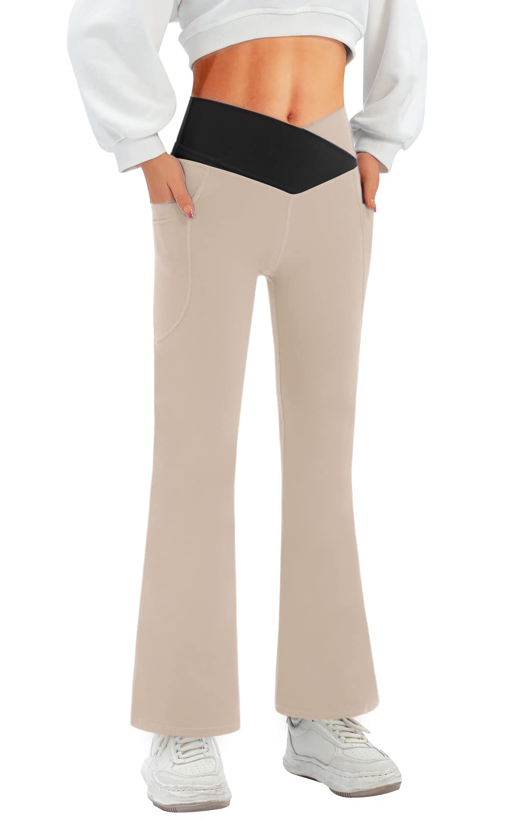 Women's Flare Leggings with Pockets-Crossover High Waisted Bootcut Yoga Pants-Tummy Control Bell Bottom Leggings