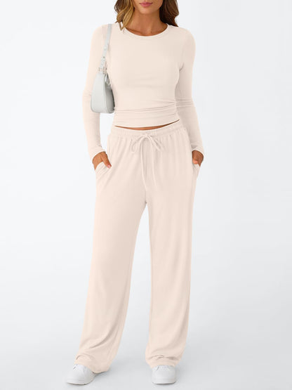 Trendy Queen Women's 2 Piece Matching Lounge Set Long Sleeve Slightly Crop Top Wide Leg Pants Casual Sweatsuit