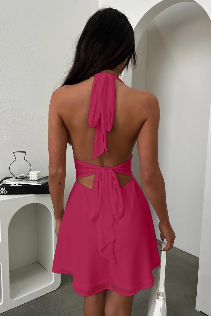 GOKATOSAU Women's Halter Deep V Neck Flowy Chiffon Bow Tie Backless Summer Mini Dress