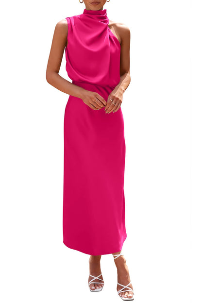 PRETTYGARDEN Women's 2025 Summer Satin Dress Elegant Sleeveless Mock Neck Cocktail Party Maxi Dresses