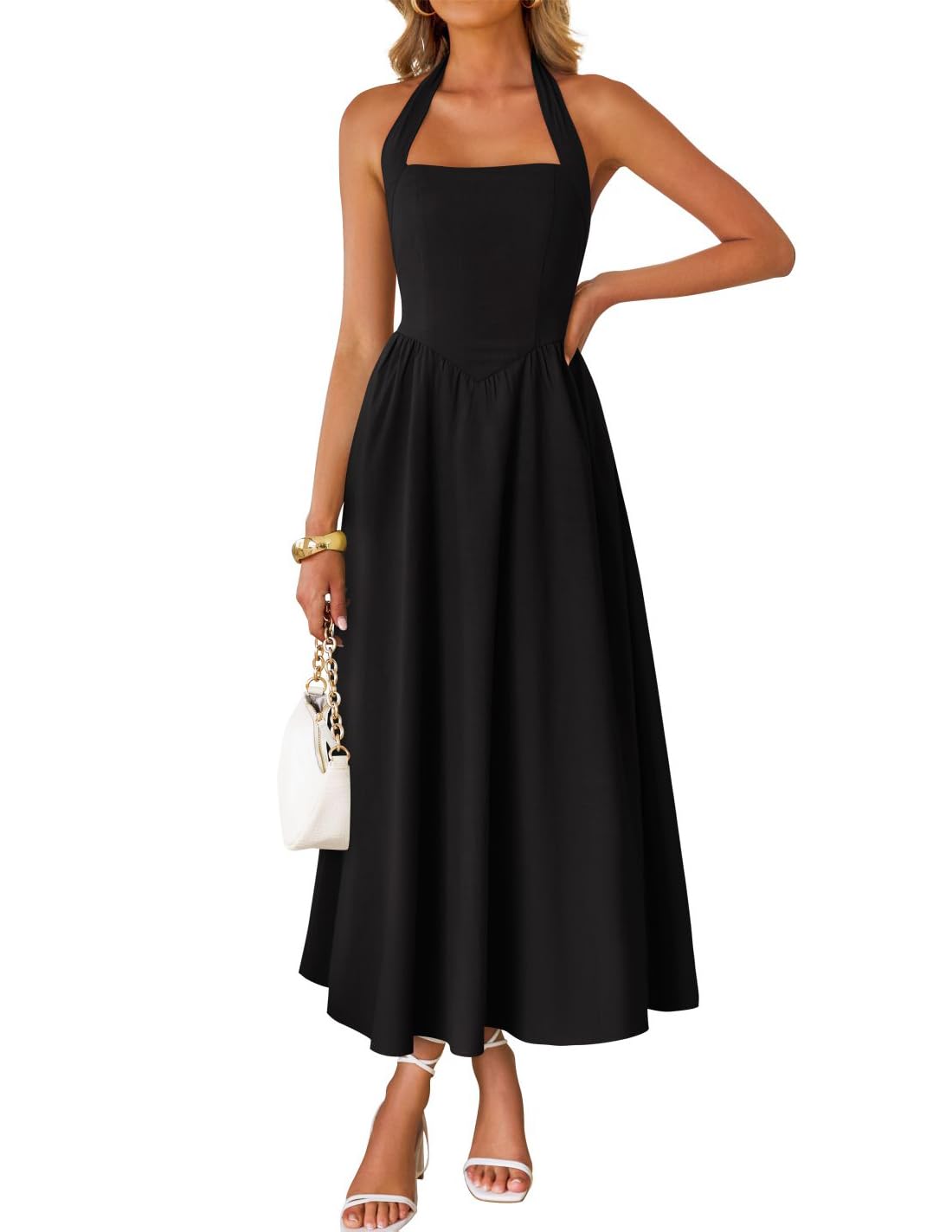 ZESICA Women's Summer Sleeveless Halter Midi Dress 2025 Off Shoulder High Waist Swing Flowy Beach Long Dresses
