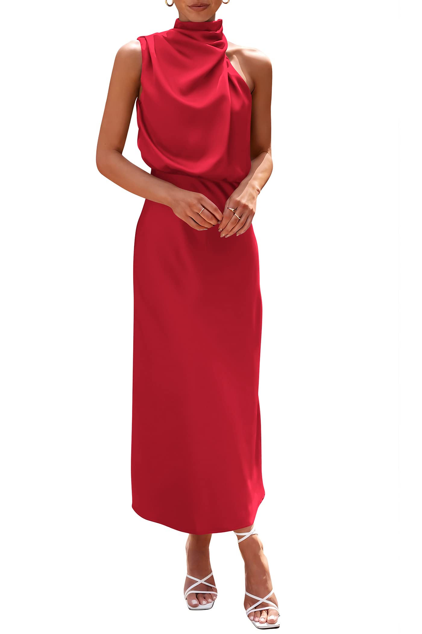 PRETTYGARDEN Women's 2025 Summer Satin Dress Elegant Sleeveless Mock Neck Cocktail Party Maxi Dresses