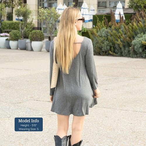 Azules Women's Long Sleeve Tunic Dress Casual Boat Neck Swing Dress with Scoop Back