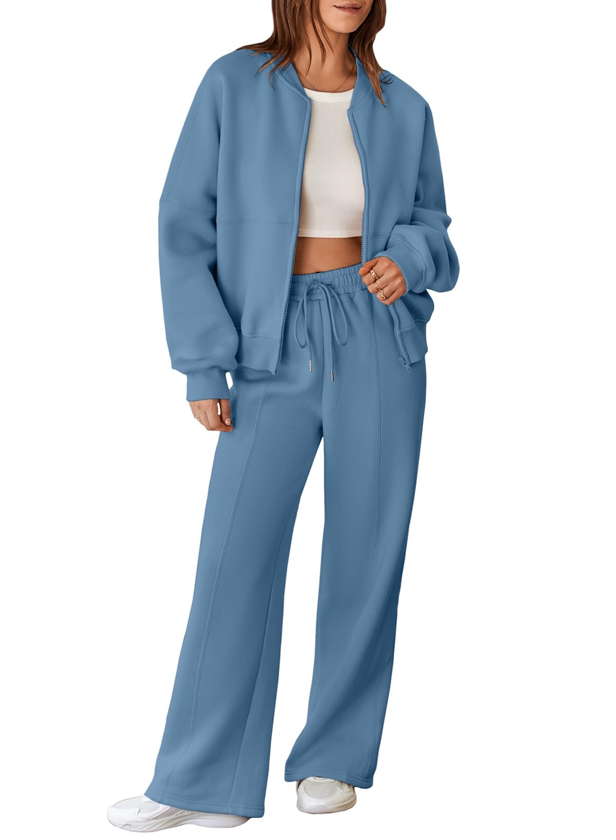 Aleumdr Women's 2 Piece Outfits Oversized Fleece Sweatsuit Zip Up Long Sleeve Sweatshirt with Wide Leg Sweatpants