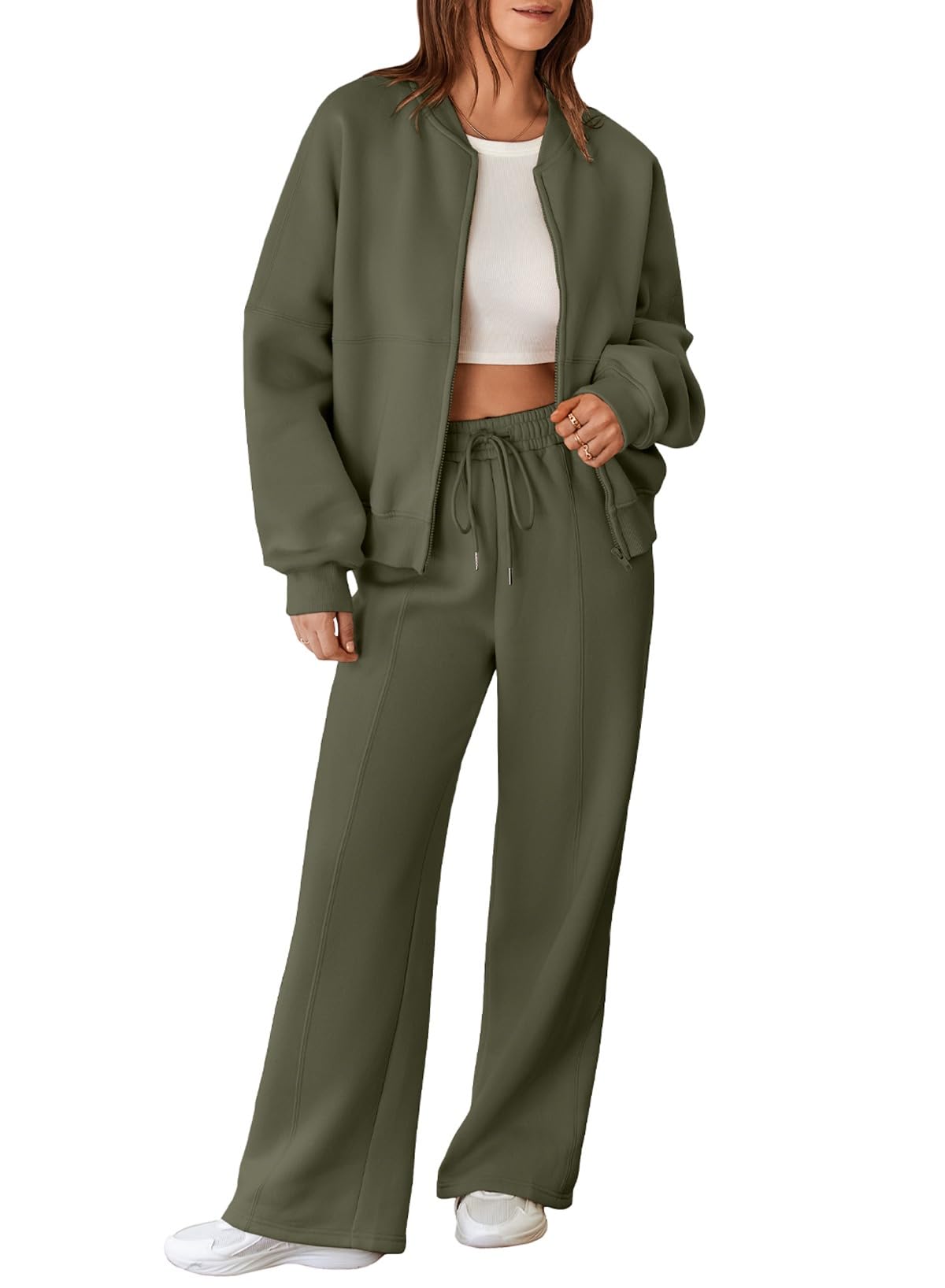 Aleumdr Women's 2 Piece Outfits Oversized Fleece Sweatsuit Zip Up Long Sleeve Sweatshirt with Wide Leg Sweatpants