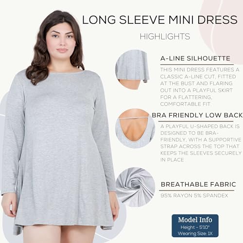 Azules Women's Long Sleeve Tunic Dress Casual Boat Neck Swing Dress with Scoop Back