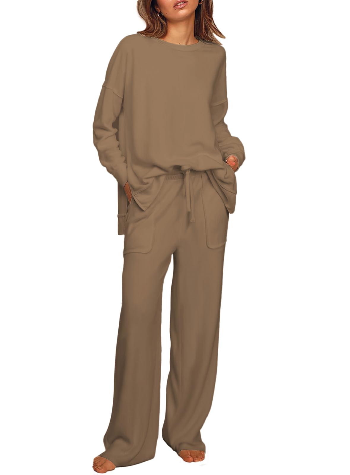 ETCYY NEW Lounge Sets for Women 2 Piece Outfits with Side Split Sweatshirt Tops and Wide Leg Sweatpants