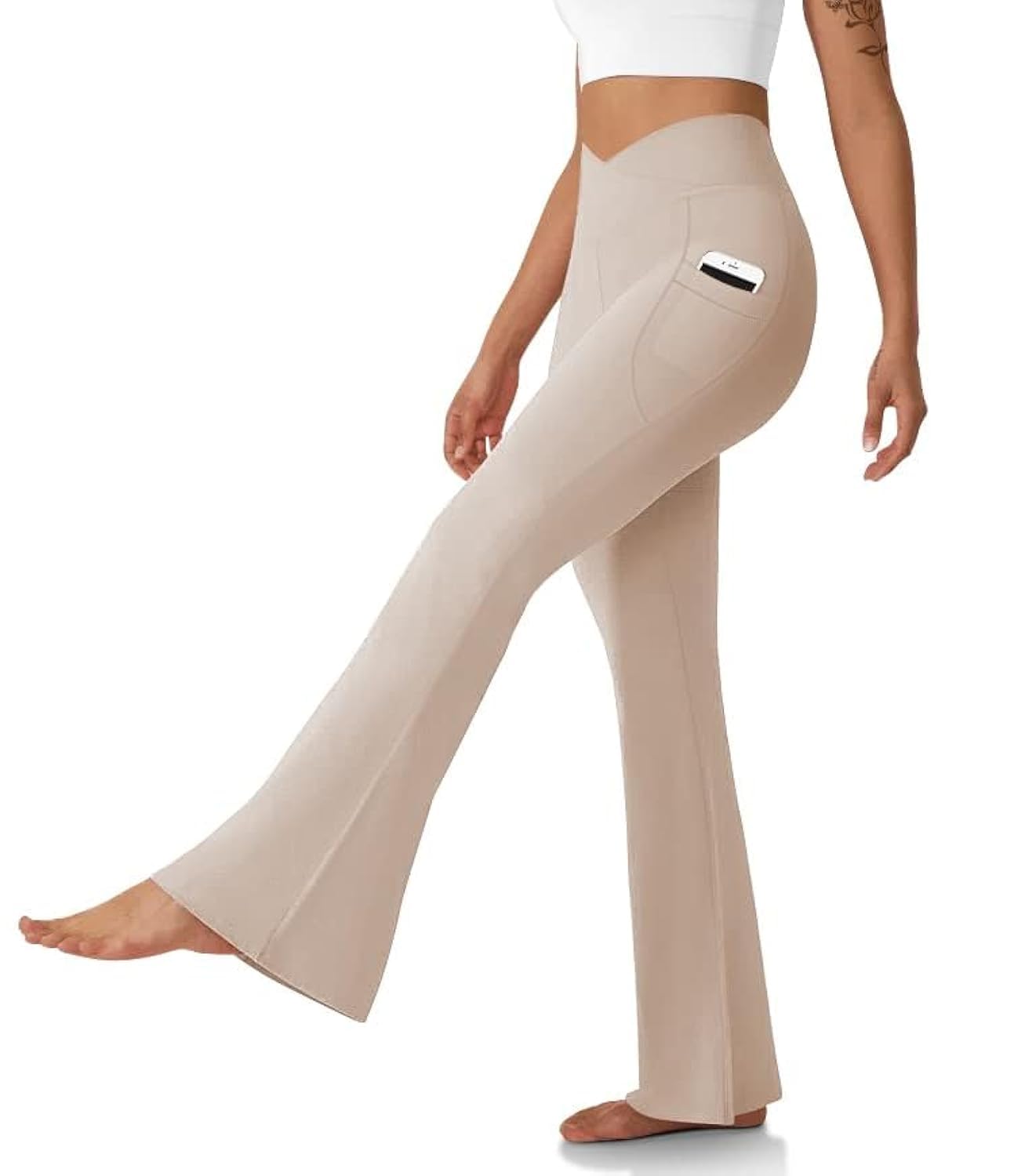Women's Flare Leggings with Pockets-Crossover High Waisted Bootcut Yoga Pants-Tummy Control Bell Bottom Leggings