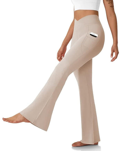 Women's Flare Leggings with Pockets-Crossover High Waisted Bootcut Yoga Pants-Tummy Control Bell Bottom Leggings